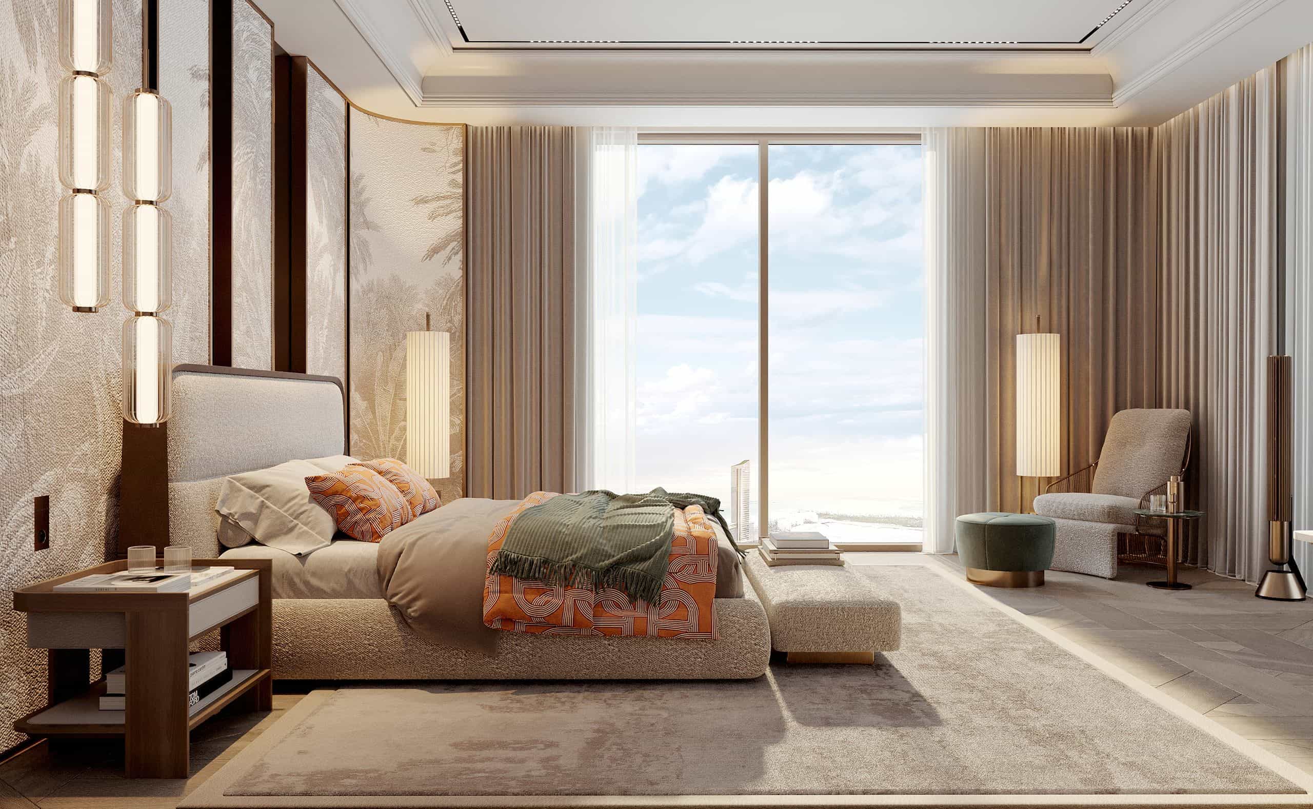 Luxurious modern bedroom with a large bed, elegant lighting, and a panoramic window view.