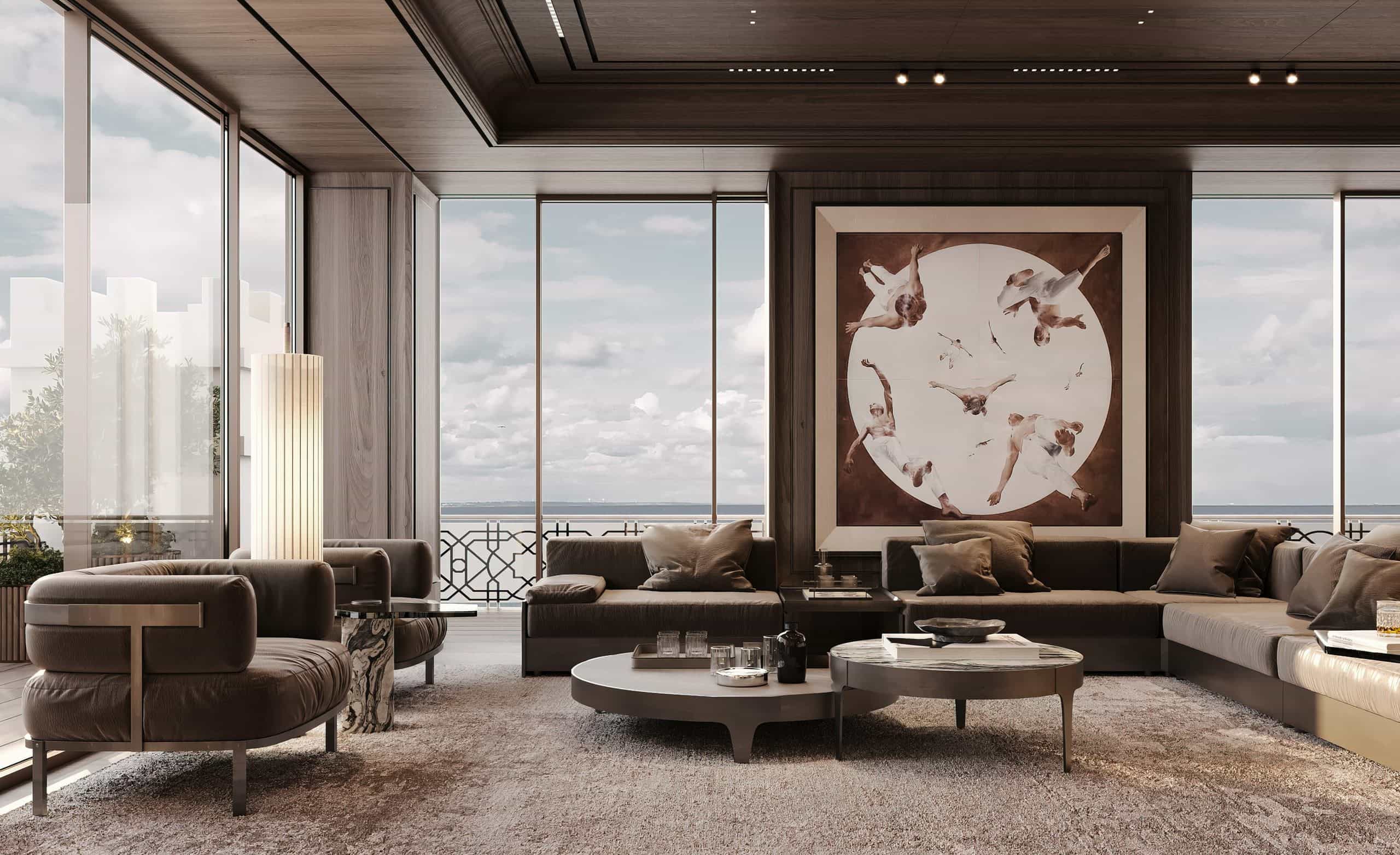 Elegant living room with ocean view, modern sofas, coffee table, and distinctive circular artwork.