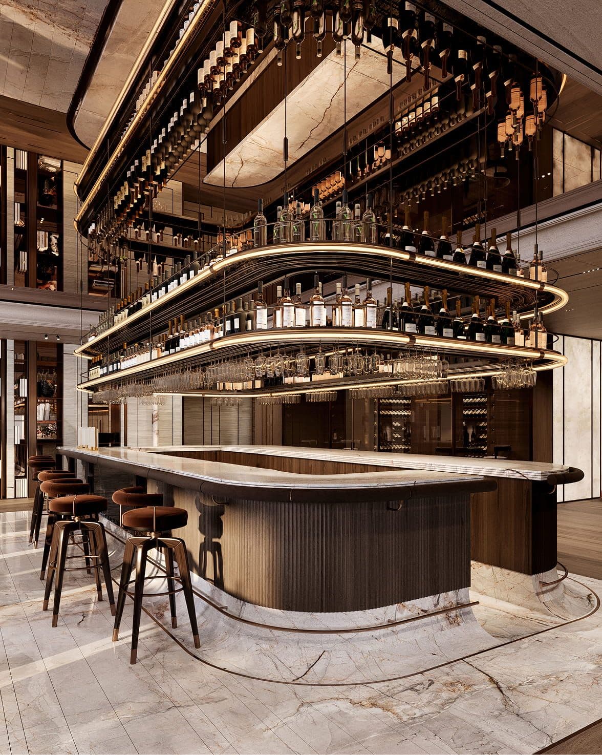 Luxurious modern bar with an oval counter and elaborate wine bottle display overhead.