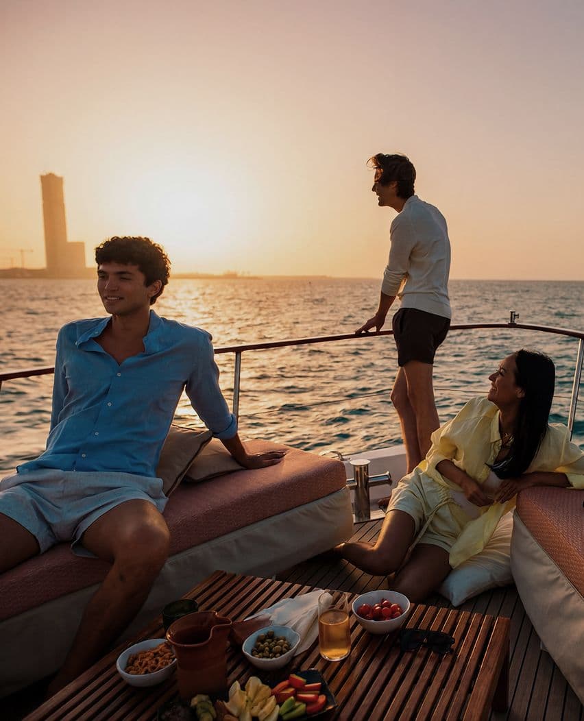 Three people relax on a boat deck, watching a vibrant sunset over a distant city skyline.