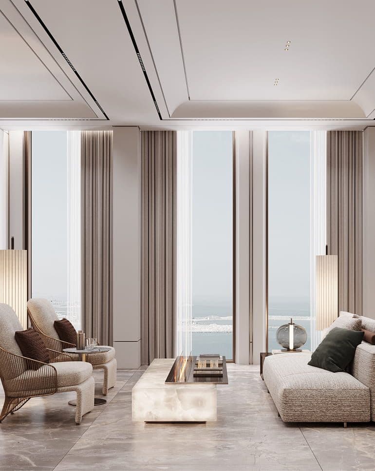 Elegant modern living room with neutral furniture, glowing coffee table, and large windows.
